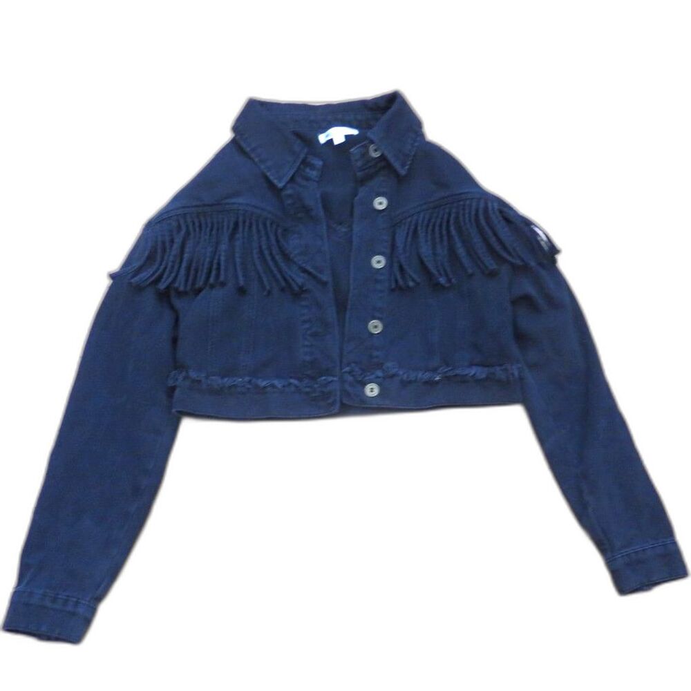 Wild Honey Women's Western Denim Cropped Fringe Jacket Black S EUC - Picture 2 of 9